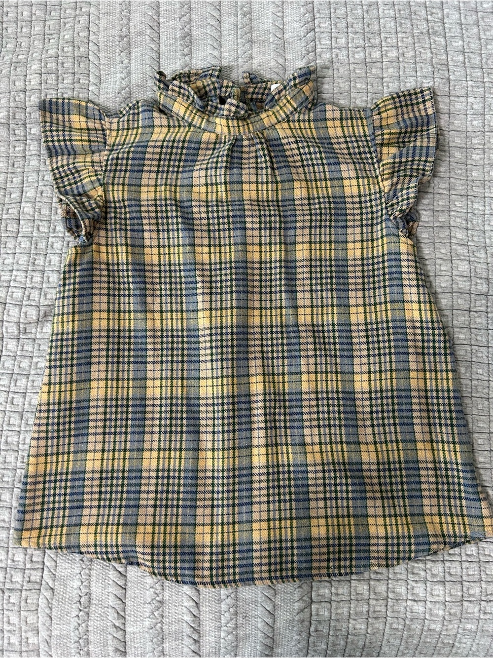 Yellow & Blue Plaid Ruffle Neck Top